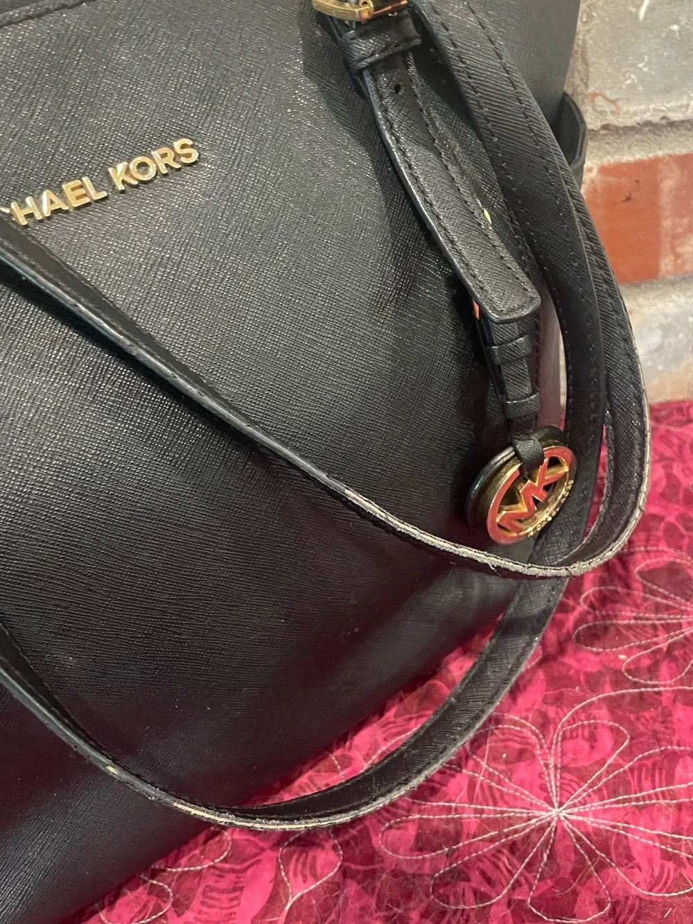Michael Kors Black Leather Tote with Gold Logo Charm